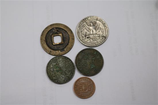 Two Deutsch Nautschou 10 cents, and other coins